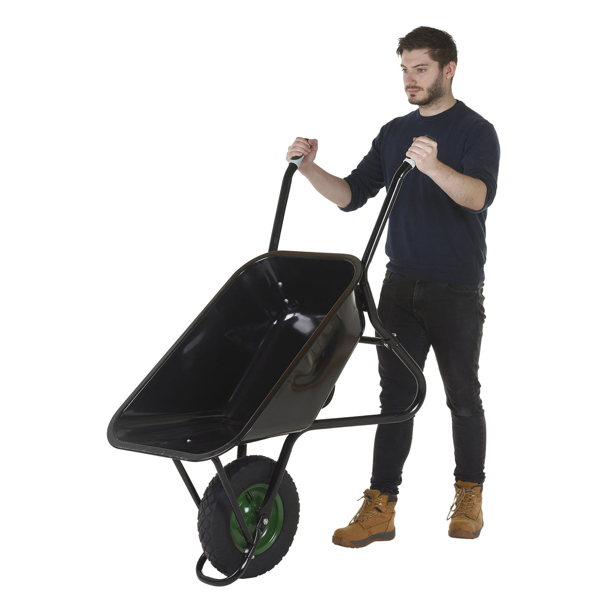 GPC Olympus Wheelbarrow - Black Frame, Black Pan, Pneumatic Wheel With Green Centre