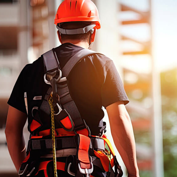 Checkmate full body harness for working at height, fall arrest lanyard with carabiner, worker using SRL on roof