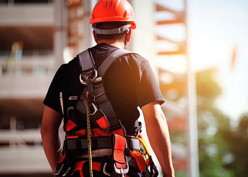 Checkmate full body harness for working at height, fall arrest lanyard with carabiner, worker using SRL on roof