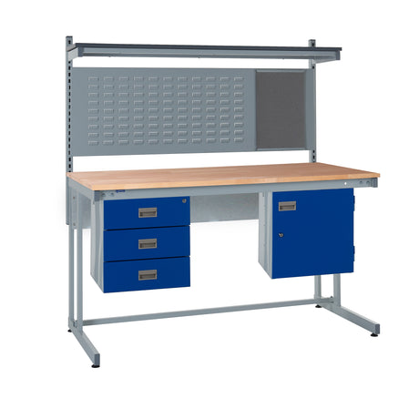 Workbench with blue drawers and a gray panel on a white background