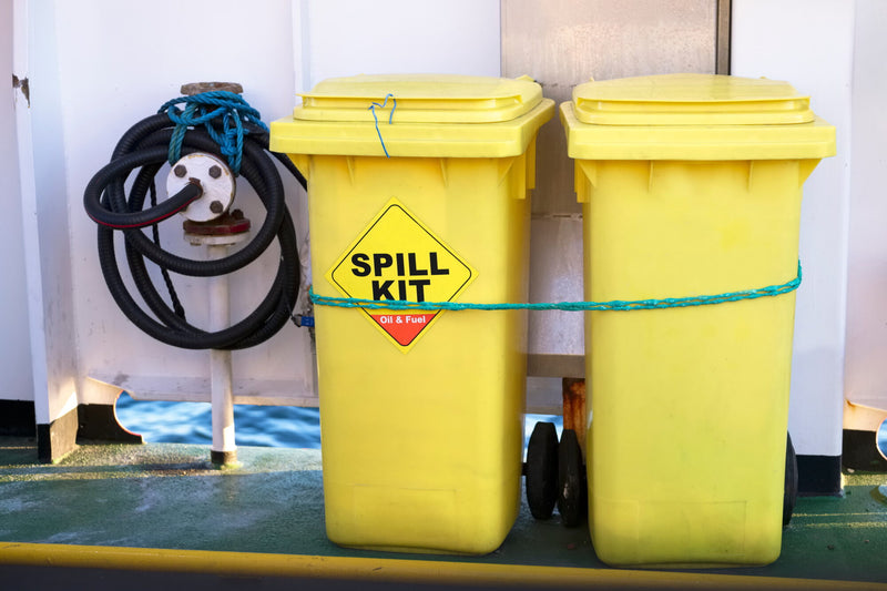 Two yellow spill kits with a visible 'Spill Kit' label on a green surface.