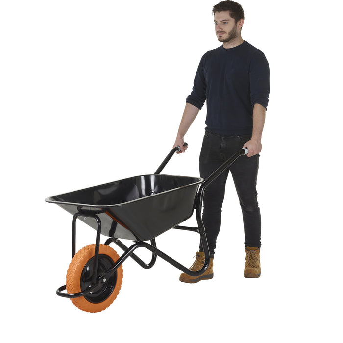 GPC® Olympus® Wheelbarrow - Black Frame, Black Pan, Pneumatic Wheel With Green Centre