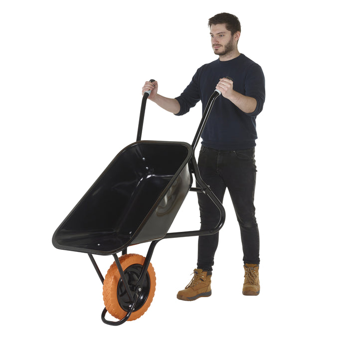 GPC® Olympus® Wheelbarrow - Black Frame, Black Pan, Pneumatic Wheel With Green Centre