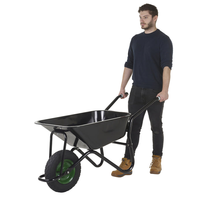 GPC® Olympus® Wheelbarrow - Black Frame, Black Pan, Pneumatic Wheel With Green Centre