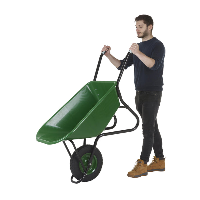 GPC® Olympus® Wheelbarrow - Black Frame, Black Pan, Pneumatic Wheel With Green Centre